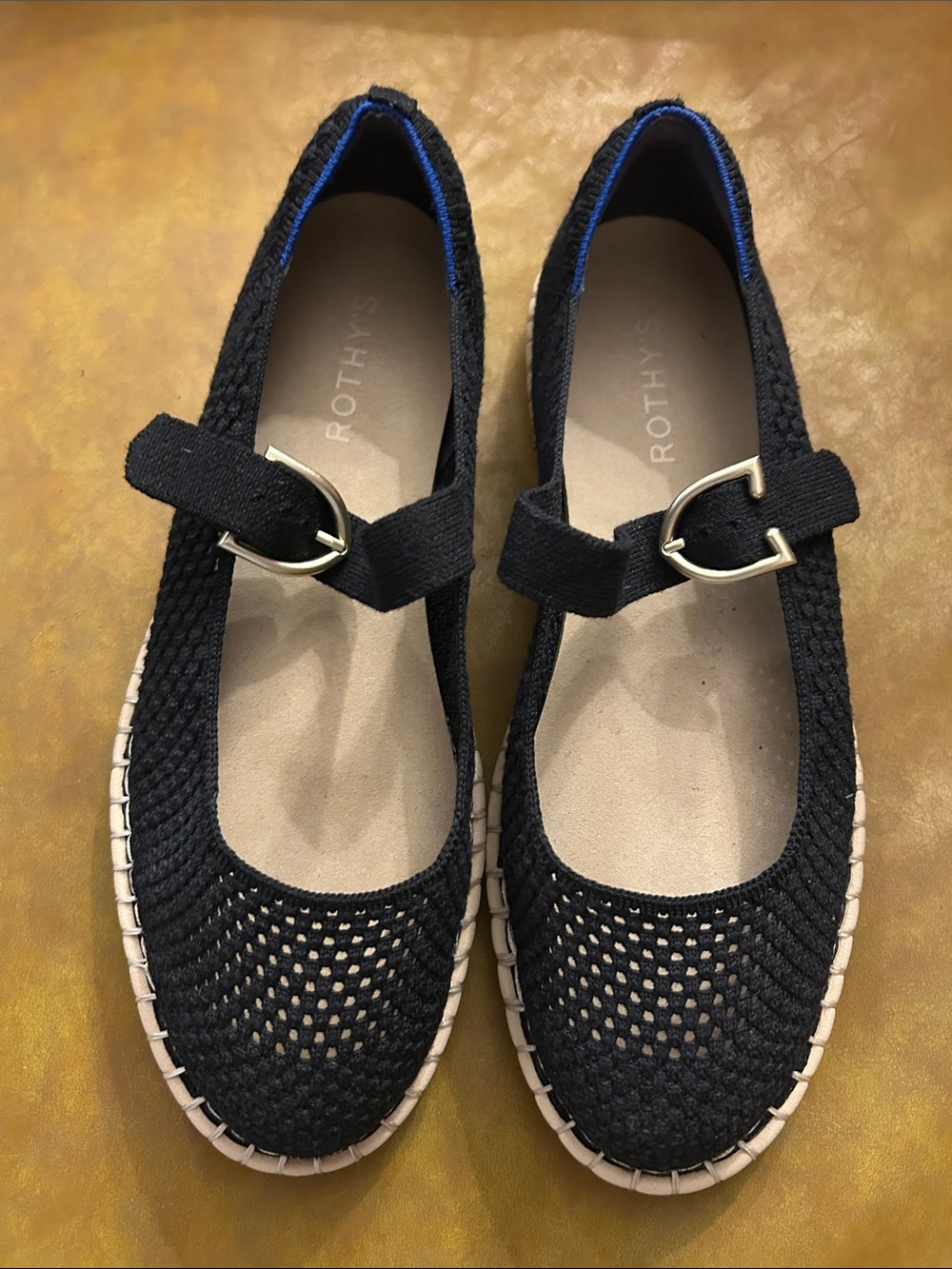 Rothy's Black Knit Mary Jane Flats with Gold Buckle Accent - Picture 3 of 4